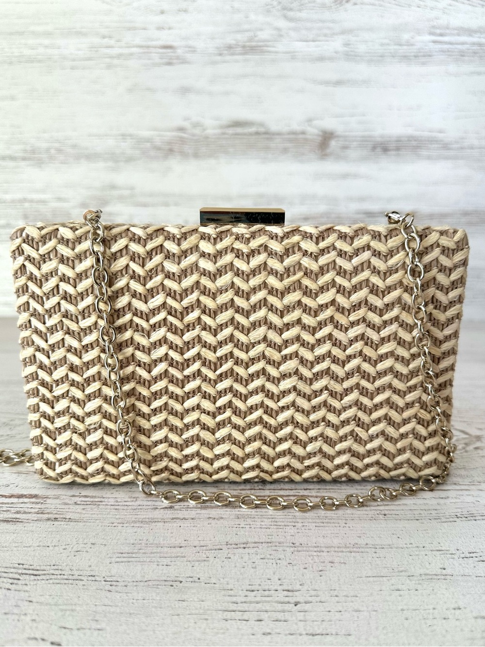 GLINT Straw Chevron Hard Case Evening Bag Clutch Gold Chain Wedding Formal Prom